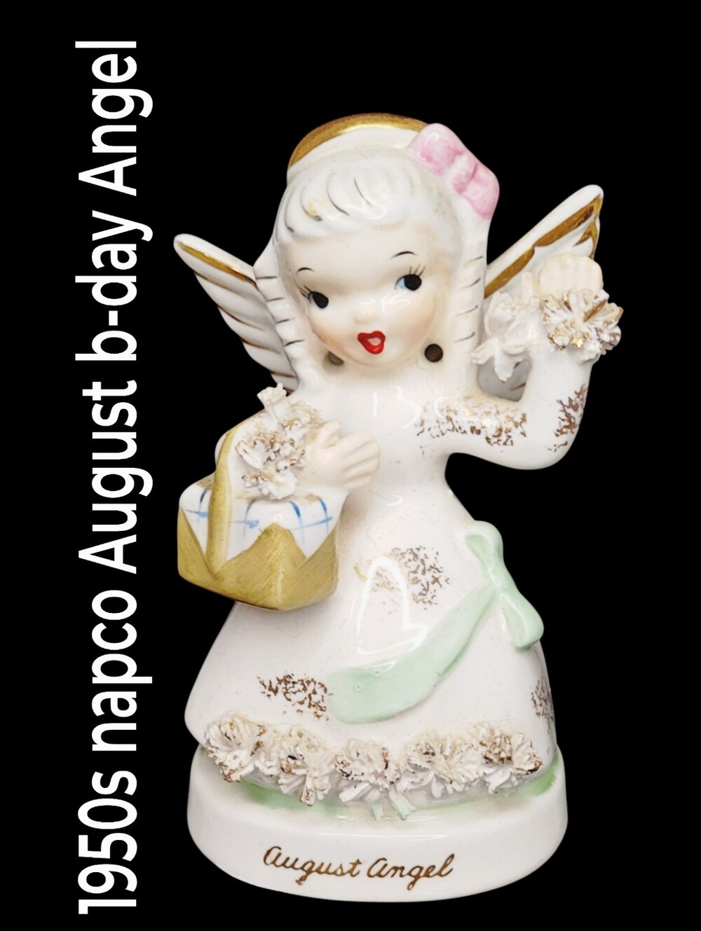 1950s Napco August Birthday Angel Ceramic Figurine Spaghetti Trim